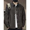 Camisa Jaqueta Jacquard Listrada Retro Americana de Alta Qualidade para Homens, Outono, Caimento Solto, Gola Dobrável, Casual, Roupa de Trabalho, Tendência