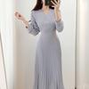 En Stock, Talla Actualizada, Chic Coreano Otoño Temprano Retro Cuello en V Manga Larga Plisado Falda Grande Vestido de Longitud Media