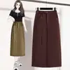 Saia Midi Reta Elegante Nova Linha A Cintura Alta Versátil Fenda Cadarço Feminina