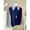 Moda Casual Outono 2026 Top Falso de Duas Peças Tricô Feminino com Camisa Listrada, Blusa Versátil Juvenil