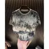Camiseta Masculina de Seda de Gelo de Manga Curta, Camiseta de Verão Solta Fina com Gola Redonda, Nova Blusa Chinesa Estilo Pintura a Tinta de Meia-Manga