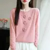 Suéter de Crochê Manual Novo Outono/Inverno 2026 com Quatro Rosas para Mulheres, Gola Redonda, Manga Longa, Caimento Solto, Top de Tricô Casual