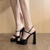 Sandalias Negras para Mujer 2025 Nuevo Estilo Estilo Spice Girl Sexy Punta Cuadrada Punta Abierta Tacón Grueso Impermeables Tacones Súper Altos