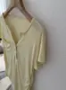 Kekezoon Henry Cuello Camisero Media Botonadura Cintura Fruncida Manga Corta Camiseta Verano Ajustado Color Sólido Top 7961
