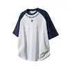 Camiseta de Manga Raglan Curta com Cor Contrastante para Homens, Estilo Verão, Estampa de Estrela e Letras, Camiseta de Algodão Puro Retrô Americana Q