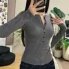 Camiseta feminina de manga longa com gola entreaberta, estilo hot girl, corte justo, novo estilo outono e inverno 2026, forrada com fleece, quente, camiseta base para usar por baixo