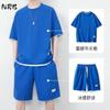 Playera de waffle para hombre de manga corta y cuello redondo/traje casual para hombre, shorts holgados de talla grande, ropa deportiva de dos piezas para verano