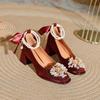 Zapatos de tacón alto con punta cuadrada y tacón grueso para boda, color rojo, con tiras de perlas y tacón medio, Mary Jane, estilo francés, para dama de honor que no cansa los pies.