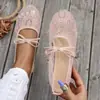 Sapatilhas de renda com laço e bico redondo, estilo europeu e americano, plus size, nova moda transfronteiriça, sapatilhas casuais da moda para combinar com vestidos