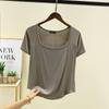 Camiseta de Manga Curta em Modal para Mulheres, Top Versátil de Verão com Gola Quadrada e Patchwork, Barra Curva, Camisa Base, Estilo Casual Japonês e Coreano