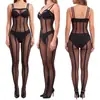 Lingerie sexy transfronteiriça europeia e americana, incluindo tops de amarrar no pescoço, meias pretas listradas e bodysuits com abertura na virilha, todos em estoque