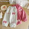 [Casa Rosa] Calça de Moletom Feminina com Laço e Forrada em Lã, Calça Casual Espessa de Outono, Roupa de Inverno para Meninas, Estilo Coreano Transfronteiriço