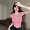 Camiseta de Verano Bordada con Lazo Reductora de Edad Dulce de Manga Corta Hombro Derecho para Mujer Petite Top Corto Sexy Puro
