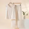 Pijama Sem Manga Novo para Primavera e Verão Feminino, Gaze de Algodão Puro, Estilo Minimalista, Toque de Luxo, Acabamento com Babados, Roupa de Casa para Mulheres, Pode Ser Usado Fora