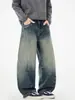 Ropa para Hombre Muqiu Estilo Callejero Americano Vintage Degradado Lavado Deconstruido Jeans de Cuchillo Curvo Pantalones Anchos Sueltos para Hombre