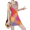 Vestido a cuadros sin mangas con cuello colgante de dopamina para mujer, hermoso diseño único de verano, cintura ajustada, falda elegante