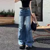 Calça jeans estilo high street americano de duas peças falsas para mulheres, novo modelo primavera e outono 2026, plus size, caimento solto, calça pantalona que afina
