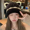 Bonito Sombrero de Orejas de Gato para Mujer, Gorro de Punto de Invierno Nuevo, Cálido Gorro Tejido que Hace que la Cara Parezca Más Pequeña, con Forro de Terciopelo para Protección de Orejas, Gorro de Osito