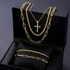 Colar e Pulseira com Pingente Cruzado Camadas Múltiplas Populares Europeus e Americanos Hip-Hop Tendência Conjunto de 5 Peças