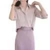 Guangzhou Treze Linhas Alta Qualidade ~ Roxo Claro Padrão Escuro Cetim Enrugado Fosco Manga Longa Camisa Chique Top Suave Elegante