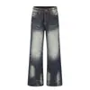Calça jeans masculina estilo americano lavada, vibe moderna, calça larga solta com design degradê, calça longa de perna reta