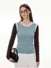 Blusa de tricô de manga longa color block de alta qualidade estilo francês para mulheres, outono, corte justo, amigável à pele, para usar por baixo