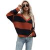 Exportación Transfronteriza Otoño 2024 Nueva Tendencia Europea y Americana Suéter Tejido de Color Combinado Nuevo Jersey de Punto de Manga Larga con Cuello en V para Mujer