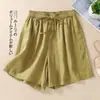 Nuevos Shorts Casuales de Moda para Mujer Petite Verano 2025, Artísticos, Holgados, Versátiles, Bordados, de Algodón y Lino con Cinturón de Corbata