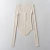 Roupas femininas europeias e americanas, estilo europeu e americano, gola em U, carcela, abotoamento simples, stretch, slim fit, malha pontiaguda, camiseta de manga comprida