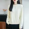 Top de punto 100% algodón para mujer, cuello redondo, manga larga, dobladillo enrollado, estilo casual, capa base cálida, top versátil de algodón puro