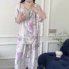 Pijama de algodón y seda para mujer con estampados estilo chino, ropa de casa de algodón y seda con cordones, elegante y sofisticado, conjunto fino de manga corta