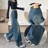 Calça Jeans Patchwork Retrô com Barra Wide Leg para Mulheres, Nova Moda Primavera/Verão 2026, Calça de Barra Reta Color Block