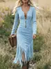 Estación independiente de Amazon de talla europea y americana transfronteriza vestido vintage western de vaquera ajustado de manga larga con flecos