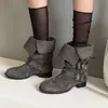 Botines retro de tacón grueso Chuyuji para mujer, Botas estilo Martin británico con remaches y hebillas de cinturón, Botas anchas para mujer con efecto desgastado