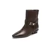 Botas de Moda de Cuero de Alta Calidad con Hebilla para Mujer 2025 Otoño e Invierno Punta Cuadrada Tacón Grueso Medio Botines Cortos Botas de Moda Retro