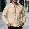 2026 Nueva Camisa Casual Transfronteriza para Hombre con Cuello Mao, Manga Larga Henley, Múltiples Botones, Media Abierta, Camisa Henley Vintage