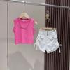 Traje de Verano para Niñas 2025 Nueva Moda Niñas Niños Medianos y Grandes Verano Fresco Simple Chaleco Shorts con Cordón Moderno