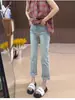 Jeans de Oito Pontos Plus Size Feminino Verão Fino Menina Cheinha Pequeno Cintura Alta Emagrecimento Stretch Barra Ramificada Calça de Tubo Reto