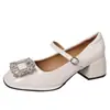 Primavera 2024 estilo francés retro strass punta cuadrada tacón bajo charol uniforme zapatos pequeños de cuero mujer hebilla cuadrada tacón grueso zapatos de una sola capa mujer