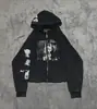 Moletom com Capuz e Zíper Estiloso de Rua Retro Americano Outono e Inverno Novo com Gola de Pele Personalizada Estampa Hip-Hop para Homens e Mulheres