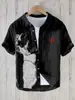 Moda de Verano Tallas Grandes Ropa Juvenil para Hombre Camisa de Manga Corta Cárdigan de Lino Solapa Gato Divertido Estampado de Pintura a Tinta