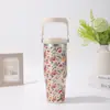 Taza de Coche Portátil de Aspecto Premium con Diseño Floral Creativo, Termo de Acero Inoxidable, Taza de Hielo Portátil de Gran Capacidad para Exteriores