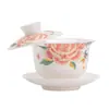 Cuenco de tapa de tres niveles de piel de cordero y jade flotante con diseño de peonía bordado, resistente al calor, para uso doméstico, cuenco de té para mujeres, cuenco de servicio de té de cerámica