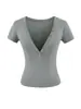 Top Atractivo y Puro de Chica Caliente con Cuello en V Profundo, Botones, Adelgazante, Ceñidor de Cintura, Manga Corta, Nueva Camiseta Corta de Verano para Yoga, Fitness, Running