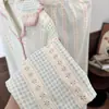 Pijama de niña estilo coreano con rayas simples, cárdigan de primavera y otoño con encaje, conjunto de manga larga y pantalón largo, se puede usar afuera como ropa de estar.