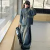 Conjunto de Roupas de Outono para Meninas 2026 Novo Estilo Meninas Tendência Legal Jaqueta Jeans Desfiada Calça Wide Leg Conjunto de Duas Peças Meninas Crianças Grandes Tendência