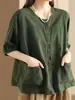 Cardigan Artístico Vintage Camisa de Algodão e Linho, Novo Estilo Primavera/Verão com Design de Bolso, Camisa Casual Feminina Estilo Étnico de Manga Curta com um Toque de Elegância
