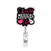 Porta credencial retráctil con tema de asistente médico, con brillantina colorida y letras en inglés, adecuado para tarjetas de identificación y gafetes del personal médico