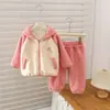 Conjunto Nuevo de Colores Bloqueados con Mangas Raglán y Capucha para Bebés y Niños Pequeños, Diseño de Animal Bordado, Chaqueta Cálida y Pantalones Forrados de Polar