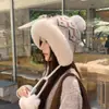 Gorro de Felpa con Protección para los Oídos para Mujer, Grueso y Forrado de Polar Cálido para Otoño e Invierno, Gorro de Tejido Versátil con Pompón a Prueba de Frío